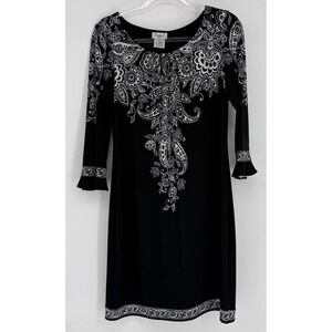 Maggy L Womens Black White Paisley Floral‎ Sheath Dress Ruffle Cuff Sz 8